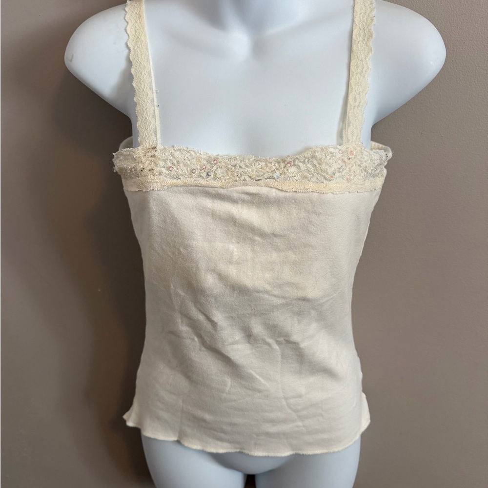 Nevada Vintage Bridal Lace Sequin Cami Cotton Ivory Small Y2K coquette